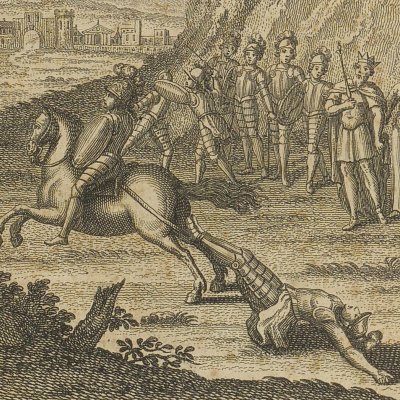 Renaud traîne le traître Trufaldin (Roland l’amoureux trad. Lesage 1717 fig.9)