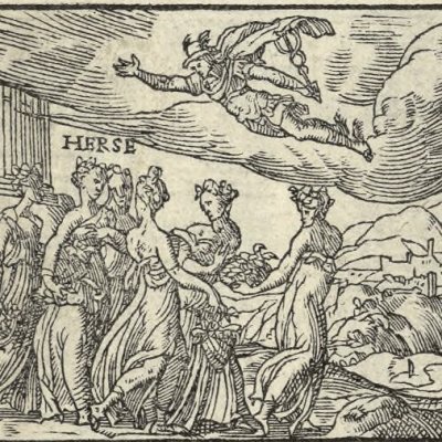Mercury in love with the beautiful Herse (Métamorphose Lyon 1557) - Bernard Salomon