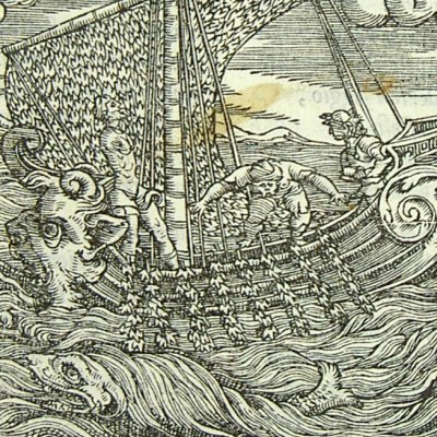 Bacchus change les pirates en poissons (L. Dolce Trasformationi Venise 1553)