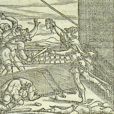Persée brandit la tête de Méduse contre Phinée (L Dolce Trasf Venise 1553)
