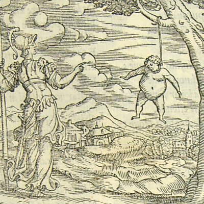 Pallas change Arachné pendue en araignée (L. Dolce Trasformationi Venise 1553)