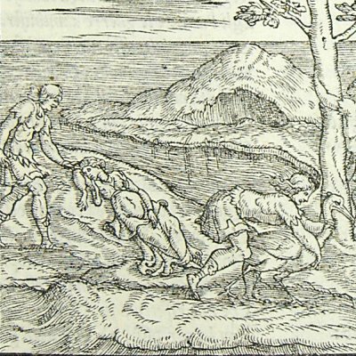 Metamorphoses of Thetis facing Peleus (L. Dolce Trasformationi Venice 1553)