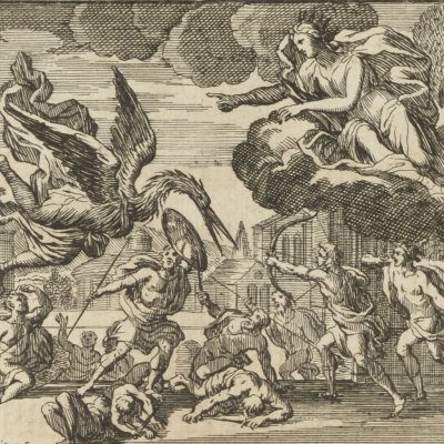 Pygas reine des Pygmées changée en grue (Métamorphoses en rondeaux, Mabre-Cramoisy 1676) - Chauveau