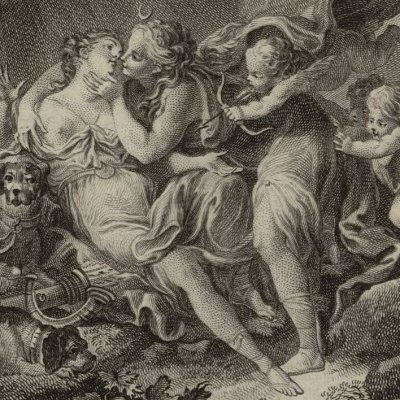 Jupiter déguisé en Diane séduit Callisto (Métamorphoses Banier 1767, l.2) - Eisen