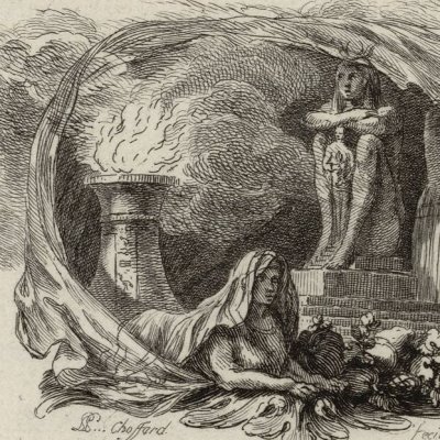 Sphinx et statues (Métamorphoses Banier 1768, p. de titre du t. 2) - Choffard