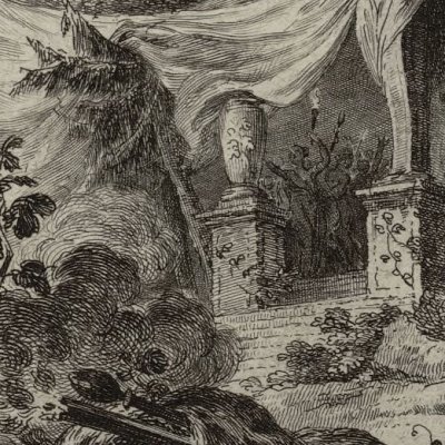 Bacchantes dans leur temple (Métamorphoses Banier 1767, l.3, 2e vignette liminaire) - Choffard