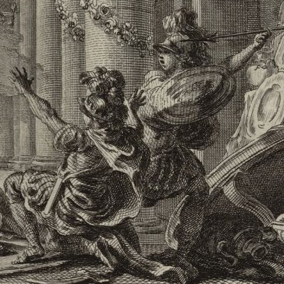 Phinée perturbe les noces de Persée ? (Métamorphoses Banier 1768, l.5, vignette liminaire) - Choffard