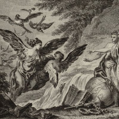Les Muses changent les Piérides en pies (Métamorphoses Banier 1768, l.5, 2e vignette liminaire) - Monnet
