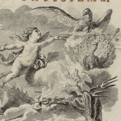 Cupidon enflamme les dieux de l'Olympe (Métamorphoses Banier 1769, t.3, page de titre) - Choffard