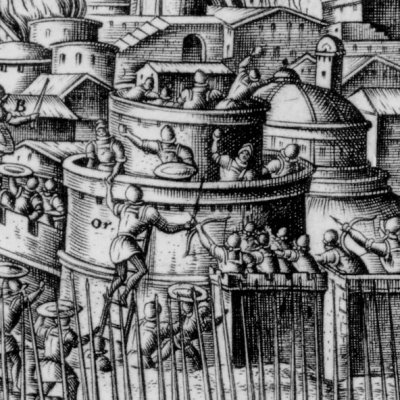 Agramant fuit Biserte en flammes (Roland furieux, Venise Franceschi 1584, ch40) - G. Porro