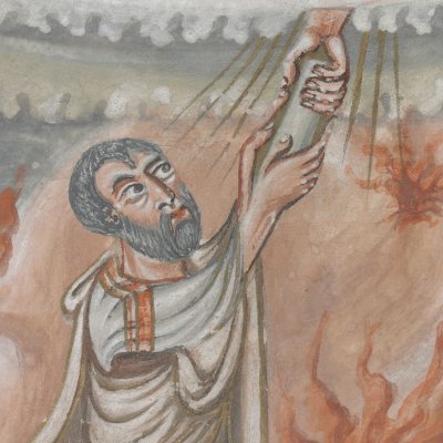 Moïse reçoit les lois & les présente aux Hébreux (Bible de Moutier-Grandval, f35v)