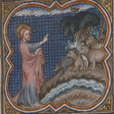 La création des animaux terrestres (Bible historiale de Petrus Comestor, F8r) - Jean Bondol