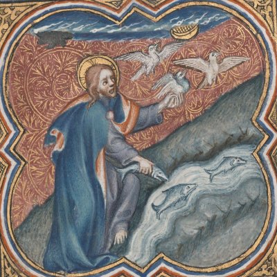 Création des oiseaux et des poissons, 5e jour (Bible historiale de Petrus Comestor, F7v) - Jean Bondol