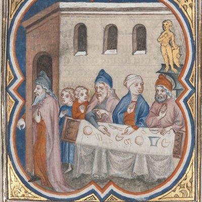 Le Festin des prêtres de Bel (Bible historiale de Petrus Comestor, F261v) - Jean Bondol