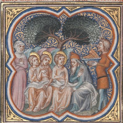 L’hospitalité d’Abraham (Bible historiale de Petrus Comestor, F23v) - Jean Bondol