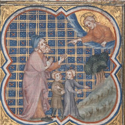 Dieu annonce le déluge à Noé, Sem et Cham (Bible historiale de Petrus Comestor, F14v) - Jean Bondol