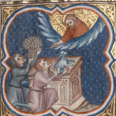 Offrandes d’Abel et de Caïn (Bible historiale de Petrus Comestor, F12r) - Jean Bondol