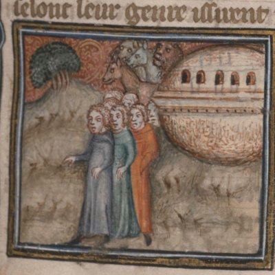 Fin du déluge et sortie de l’arche (Bible historiale de Petrus Comestor, F17r) - Jean Bondol
