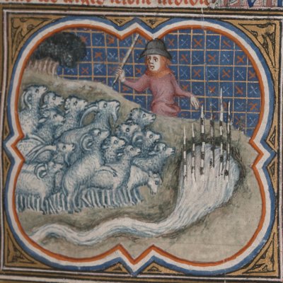 Le troupeau de Jacob face aux verges rayées (Bible historiale de Petrus Comestor, F34r) - Jean Bondol