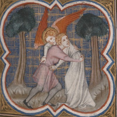 Lutte de Jacob et de l’ange (Bible historiale de Petrus Comestor, F36r) - Jean Bondol