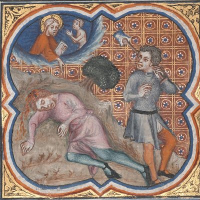 La mort d’Abel (Bible historiale de Petrus Comestor, F12v) - Jean Bondol