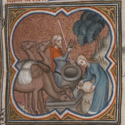 Rébecca et Éliézer (Bible historiale de Petrus Comestor, F28r) - Jean Bondol