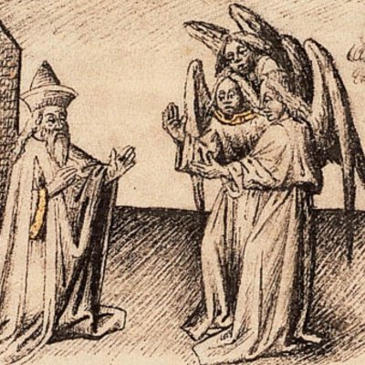 Abraham et les trois anges (Bible d’Utrecht, KB 78D38 I, F21v)
