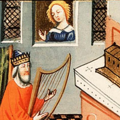 David joue de la harpe devant l’arche (Bible d’Utrecht, KB 78 D 38 I, F180v)