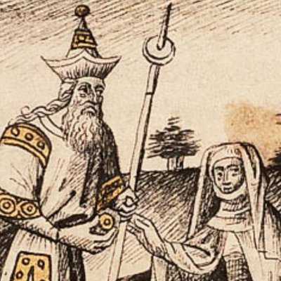 Juda donne son sceau & sa canne à Tamar déguisée en prostituée (Bible d’Utrecht, KB 78D38 I, F37r)