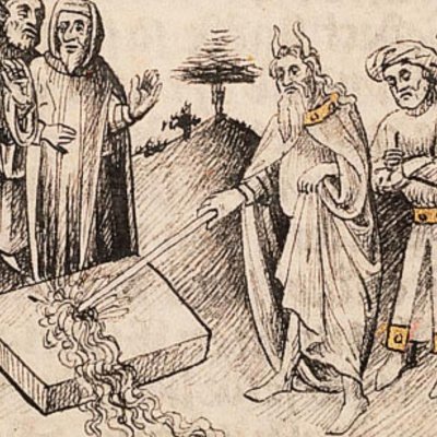 Le frappement du rocher (Bible d’Utrecht, KB 78D38 I, F57v)