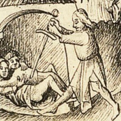 Pinhas transperce le couple adorateur du Baal de Péor (Bible d’Utrecht, KB 78D38 I, F107r)