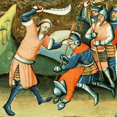Samson combat les Philistins avec une mâchoire d’âne (Bible d’Utrecht, KB 78D38 I, F152r)
