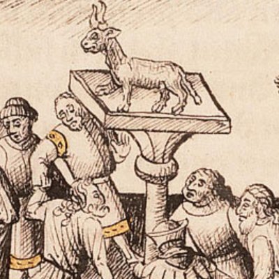 Moïse brise les Tables face aux adorateurs du Veau d’or (Bible d’Utrecht, KB 78D38 I, F71ra)