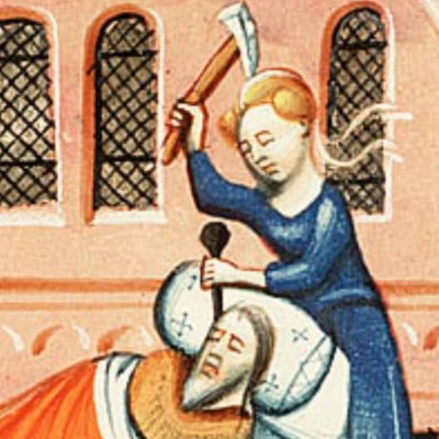Yael tue Sisera endormi avec un piquet de tente (Bible d’Utrecht, KB 78D38 I, F145v)