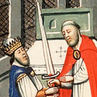 Abimélek donne à David l’épée de Goliath. Folie feinte (Bible d’Utrecht, KB 78 D 38 I, F171v)