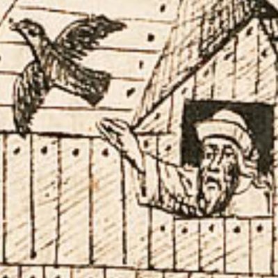 Noé lâche un corbeau. Retour de la colombe annonçant la fin du Déluge (Bible d’Utrecht, KB 78D39, F14r)