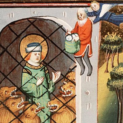 Daniel dans la fosse aux lions est nourri par Habbacuc (Bible d’Utrecht, KB 78 D 38 I, F256vb)