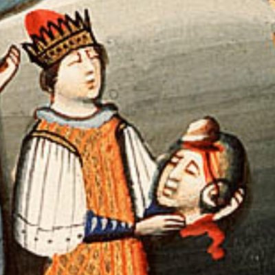 Abner conduit David tenant la tête de Goliath (Bible d’Utrecht, KB 78 D 38 I, F169v)