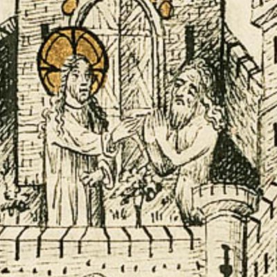Dieu interdit à Adam de manger le fruit de l’arbre de science (Bible d’Utrecht, KB 78D38 I, F7r)