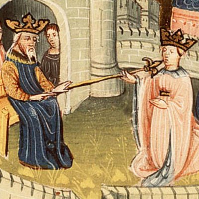 Assuérus pardonne à Esther son intrusion au palais (Bible d’Utrecht, KB 78D38 II, F14v)