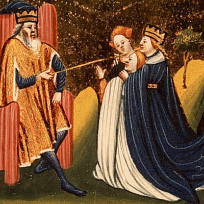 Assuérus relève Esther en la touchant de son sceptre (Bible d’Utrecht, KB 78D38 II, F17v)