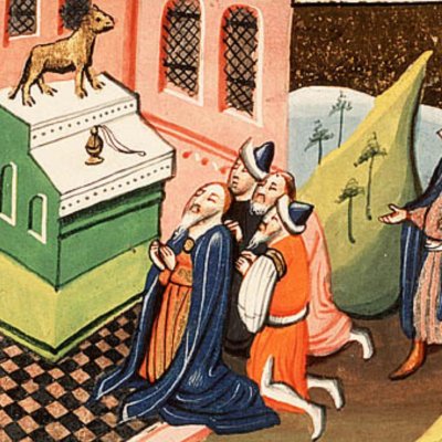 Jéroboam adore le veau d’or à Béthel (Bible d’Utrecht, KB 78 D 38 I, F205v)