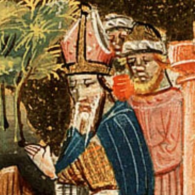 Judith reçoit la bénédiction du grand prêtre Ioakim (Bible d’Utrecht, KB 78D38 II, F8v)