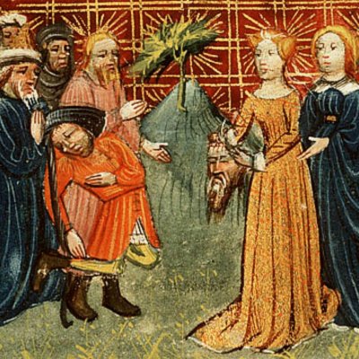 Judith présente la tête d’Holopherne au peuple de Béthulie (Bible d’Utrecht, KB 78D38, F8r)