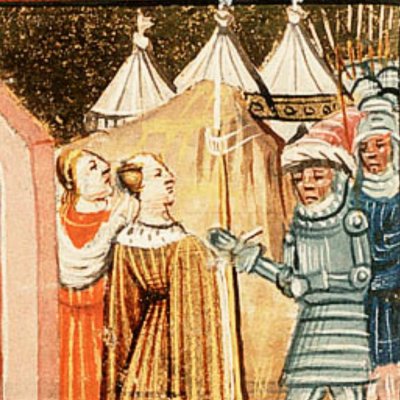 Judith parle aux anciens et entre dans le camp d’Holopherne (Bible d’Utrecht, KB 78D38 II, F7r)