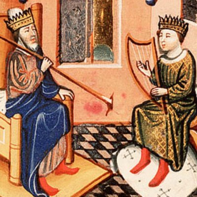 David joue de la harpe devant Saül qui le menace de sa lance (Bible d’Utrecht, KB 78 D 38 I, F170r)