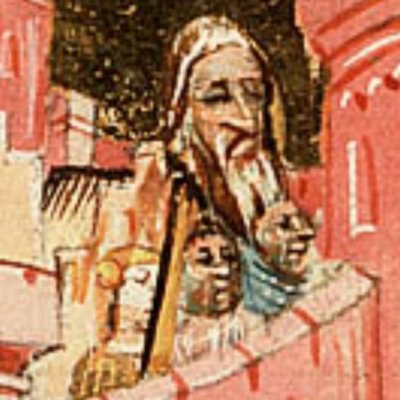 La tête d’Holopherne est brandie sur la muraille de Béthulie (Bible d’Utrecht, KB 78D38 II, F8v)