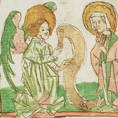 L’annonce à Marie (Speculum humanæ salvationis, KB 10 C 23, F6v)