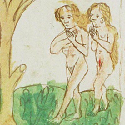 Dieu interdit à Adam & à Ève l’arbre de science (Speculum humanæ salvationis, KB 10 C 23, F5r)