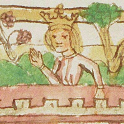 Sémiramis dans les jardins suspendus de Babylone (Speculum humanæ salvationis, KB 10 C 23, F9r)